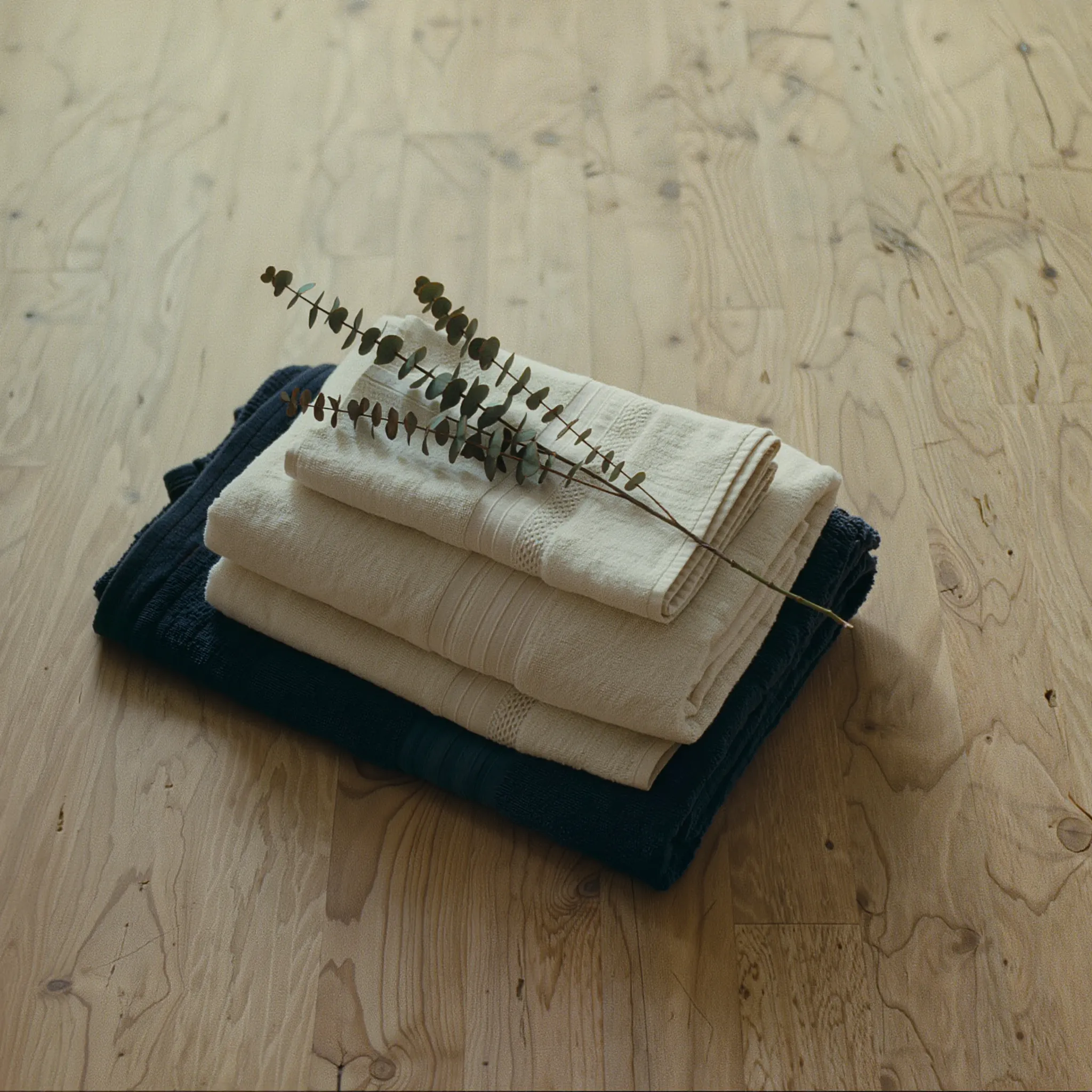 A neat stack of folded cream linens with a navy blanket at the base and a sprig of dried eucalyptus laid on top.
